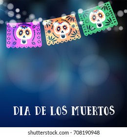 Dia de los Muertos or Halloween card, invitation. Mexican Day of the Dead. Garland of lights, hand made party flags with skulls. Vector illustration background.