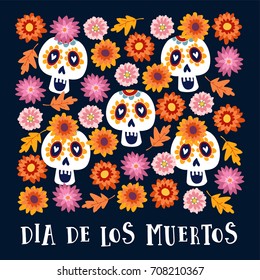 Dia de los Muertos or Halloween greeting card, invitation. Mexican Day of the Dead. Decorative Calavera catrina skulls and colorful autumn leaves and flowers. Hand drawn vector background, pattern.