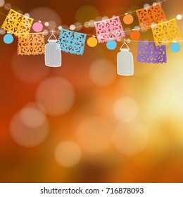 Dia de los Muertos or Halloween card. Mexican Day of the Dead. Garden party decoration. Vector illustration background with a string of handmade cut colorful flags, light bulbs, glass jar lanterns. 