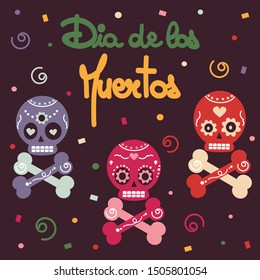 dia de los muertos hand drawn lettering vector card illustration with colorful skulls and confetti