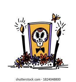 Dia de los Muertos hand drawn style. Alatar with the image of a sugar skull, traditional flowers, candles and butterfly. Vector illustration on isolated white background