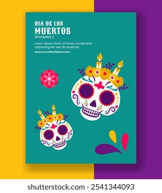 Dia de Los Muertos Hand Drawn Vertical Poster Background with Cartoon Templates