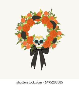 Dia De Los Muertos holiday wreath cartoon hand drawn - marigold flower, skull. Stock vector