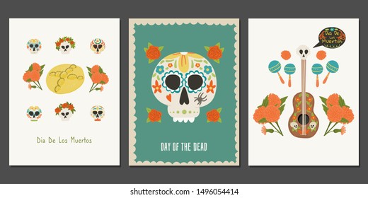 Dia De Los Muertos holiday cards temolate skull, pan de muerto, guitar, maraca, marigold. Stock vector