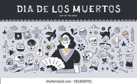 Dia de Los Muertos holiday banner. Doodles set with Mexican Day of the dead holiday-themed symbols and elements