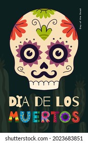 Dia de Los Muertos holiday poster. Mexican Day of the Dead national festival greeting card with colourful lettering and skull. Mexico traditional november carnival flyer vector eps design template