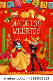 Dia de los Muertos holiday poster with Mexican Catrina and mariachi characters. Vector Day of dead skeleton personages, cacti, tex mex food, avocado, pumpkin, tequila, papel picado flags and maracas