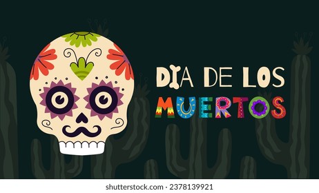 Dia de Los Muertos holiday horizontal poster. Mexican Day of the Dead national festival greeting card with colourful lettering and skull. Mexico traditional november carnival flyer eps design template