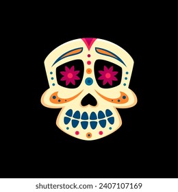 Dia de los Muertos holiday Mexican sugar skull. Mexican Halloween celebration sugar calavera skull decoration, Day of the Dead holiday skeleton head or death face vector tattoo, icon or sticker