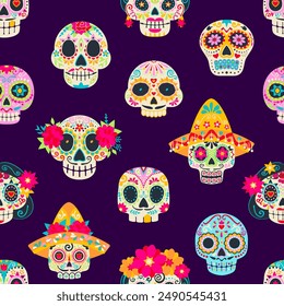 Dia de Los Muertos holiday mexican calavera sugar skulls seamless pattern. Day of the Dead carnival or festival fabric seamless print, textile mexican background or vector pattern with ornate skulls