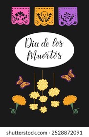 Cartaz de feriado Dia de los Muertos com grinaldas de papel desenhadas à mão e calêndulas com borboletas. Texto caligráfico. Banner tradicional mexicano de feriado. Design de férias para o Dia dos Mortos