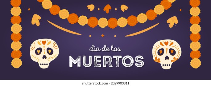 Dia de los muertos. Horizontal banner with sugar skulls and marigold floral garlands decoration. Mexican national holiday Day of the dead. Vector hand drawn illustration in flat style.