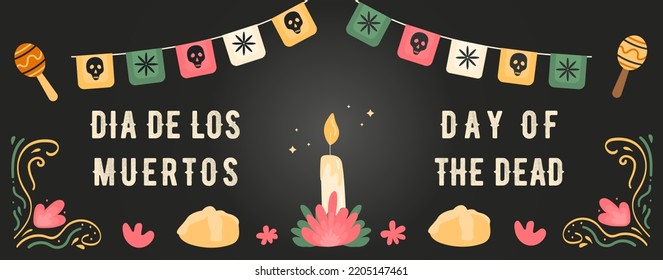 Dia de los muertos. Horizontal banner with ofrenda traditional altar with candle and pan de muertos. Paper flags papel picado garlands decoration and maracas. Mexican holiday Day of the dead. Vector.