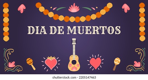 Dia de los muertos. Horizontal banner with mariachi guitar and maracas. Marigold floral garlands decoration. Mexican national holiday Day of the dead. Vector hand drawn illustration in flat style