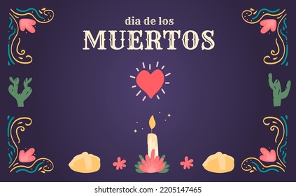 Dia de los muertos. Horizontal banner with ofrenda traditional altar with candle and pan de muertos. Floral decoration and cactus. Mexican holiday Day of the dead. Vector flat hand drawn illustration.