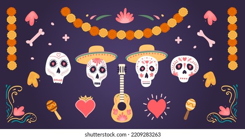 Dia de los muertos. Pancarta horizontal con el altar tradicional de ofrenda con velas y pan de muertos. Banderas de papel papel papel de decoración de guirnaldas de picado y maracas. Día de los Muertos en México. Vector.