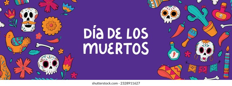 dia de los muertos horizontal banner decorated with doodles and lettering quote, Good for prints, social media covers, signs, posters, etc. EPS 10