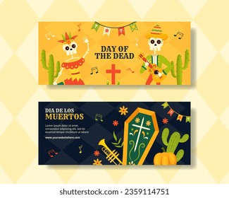 Dia de Los Muertos Horizontal Banner Illustration Flat Cartoon Hand Drawn Templates Background