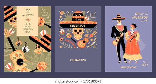 Dia de los muertos illustration. Set of vector cards or banners for the Mexican Day of the Dead with a pair of skeletons in traditional outfits, decorated with a skull, hat and musical instruments  