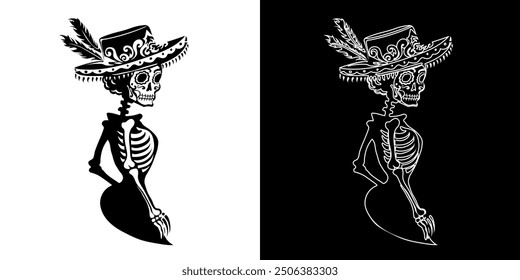 Dia de los Muertos illustration with black and white hand drawn la Calavera Catrina with ornate face paint. Female skeleton in hat with feathers for Mexican Day of the Dead. Ink line art tattoo design