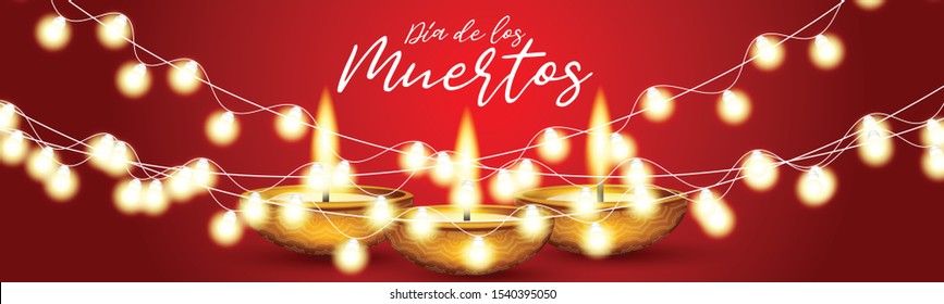 Dia de los Muertos (in Spanish) - Day of the Dead. Traditional Mexican holiday event. Banner or website header. Red background with burning candles and glowing lights garland. Vector illustration.