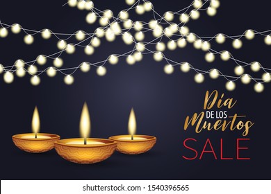 Dia de los Muertos (in Spanish) - Day of the Dead. Traditional Mexican holiday event. Banner or flyer. Dark blue background with burning candles, golden lettering, and glowing lights garland. Vector