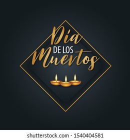 Dia de los Muertos (in Spanish) - Day of the Dead. Traditional Mexican holiday event. Banner or flyer shopping sale. Black background with burning candles and golden square frame. Vector illustration.