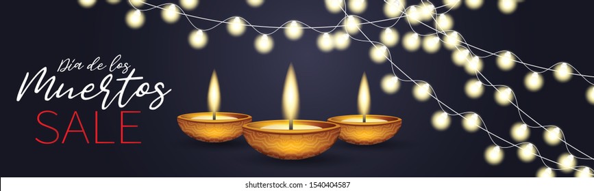 Dia de los Muertos (in Spanish) - Day of the Dead. Traditional Mexican holiday event. Banner or website header for advertising, invitation, shopping sale. Dark blue background with burning candles