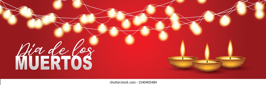 Dia de los Muertos (in Spanish) - Day of the Dead. Traditional Mexican holiday event. Banner or website header. Red background with burning candles and glowing lights garland. Vector illustration.