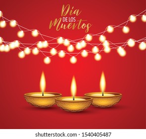 Dia de los Muertos (in Spanish) - Day of the Dead. Traditional Mexican holiday event. Banner or flyer. Red background with burning candles and glowing lights garland. Vector illustration.