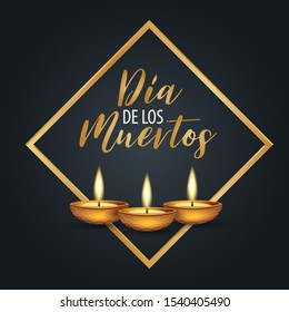 Dia de los Muertos (in Spanish) - Day of the Dead. Traditional Mexican holiday event. Banner or flyer shopping sale. Black background with burning candles and golden square frame. Vector illustration.