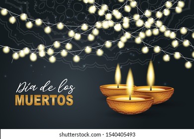 Dia de los Muertos (in Spanish) - Day of the Dead. Traditional Mexican holiday event. Banner or flyer shopping sale. Dark blue background with burning candles, golden lettering, and glowing lights gar