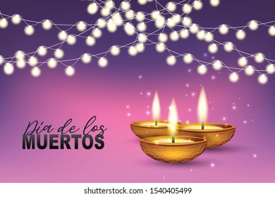 Dia de los Muertos (in Spanish) - Day of the Dead. Traditional Mexican holiday event. Banner or flyer. Pink and purple background with burning candles and glowing lights garland. Vector illustration.