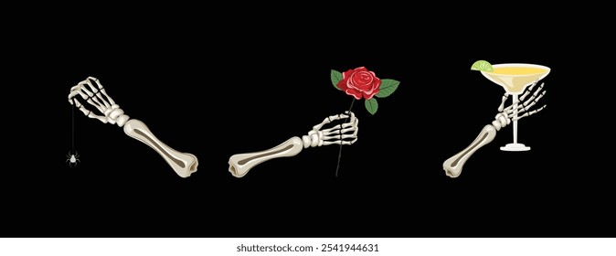 Dia de los Muertos inspired skeleton hands holding a spider, red rose, and margarita on dark background