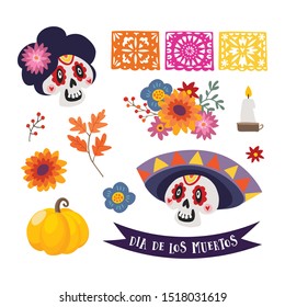 Dia de Los Muertos isolated vector graphic objects..Mexican Day of the Dead. Ornamental skull with sombrero hat, calavera catrina, cut flags, pumpkins, leaves and flowers. Autumn, Halloween design.