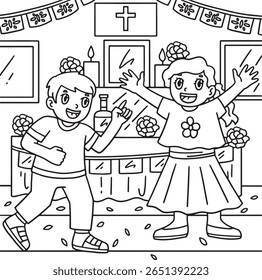 Dia de los Muertos Crianças sobre Ofrenda Coloração 
