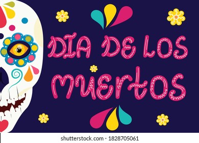 The dia de los muertos label is isolated on a dark background. Mexican holiday with bright colors lettering. Vector illustration in flat cartoon style. Half a skull with beautiful eyes and patterns.