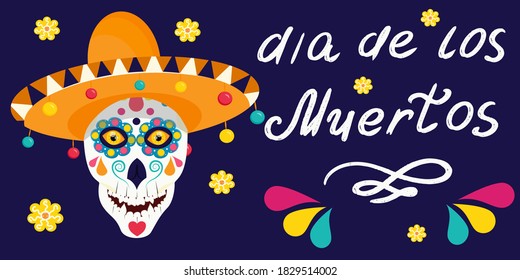 The dia de los muertos label is isolated on a dark background. Mexican party with bright colors of the label. Vector illustration in flat style. A skull with beautiful eyes and patterns in a sombrero.