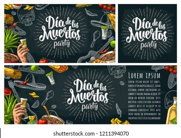 Dia de los Muertos lettering and mexican traditional food. Tequilla, Guacamole, Quesadilla, Enchilada, Burrito, Tacos, Nachos, Chili con carne and ingredient. Vector color vintage engraving on dark