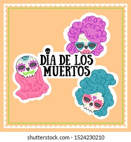 Dia de los muertos. Lettering. Square frame. Skull of a human skeleton. Bright skull. Isolated vector object on a white background.