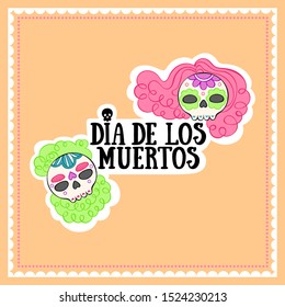 Dia de los muertos. Lettering. Square frame. Skull of a human skeleton. Bright skull. Isolated vector object on a white background.