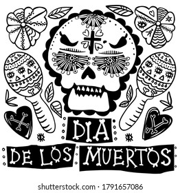 Dia de los Muertos lettering inscription, Illustration of mexican sugar skull. Floral Decorated skull. Design element for logo, label, emblem, sign, poster, t shirt. Vector illustration