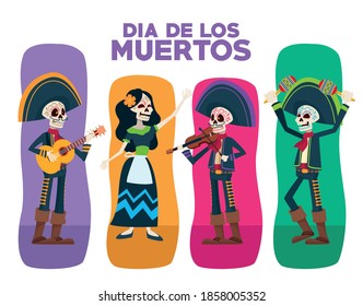 dia de los muertos lettering card with skeletons group characters vector illustration design