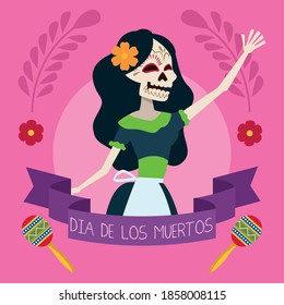 dia de los muertos lettering card with female skeleton vector illustration design