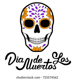 Dia de los muertos lettering with sugar skull art. Vector.