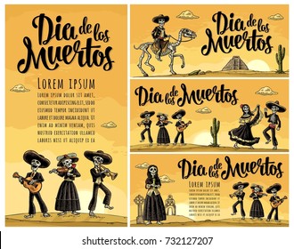 Dia de los Muertos lettering  The skeleton in the Mexican national costumes dance  sing  play the guitar  violin  trumpet  Vector vintage engraving  Panorama desert and cactus   sunset and cloud