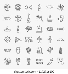 Dia De Los Muertos Line Icons Set. Vector Thin Outline Holiday Symbols.