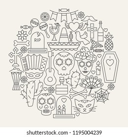 Dia De Los Muertos Line Icons Circle. Vector Illustration of Holiday Outline Objects.