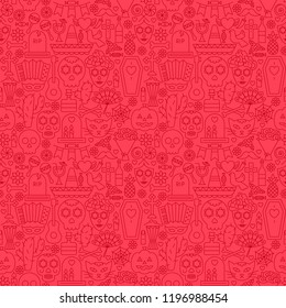 Dia De Los Muertos Line Seamless Pattern. Vector Illustration of Outline Tileable Background.