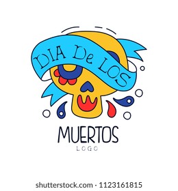 Dia De Los Muertos logo, traditional Mexican Day of the Dead design element with sugar skull, holiday party decoration banner, greeting card hand drawn vector Illustration